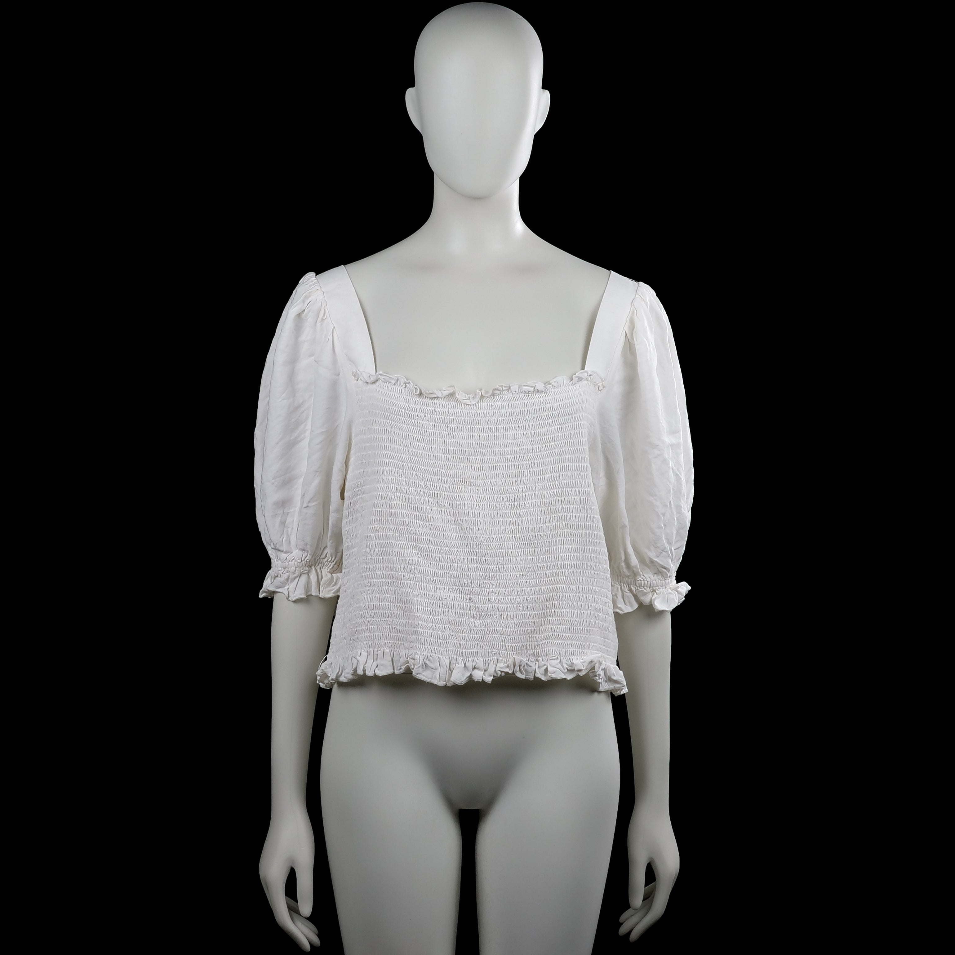 H&M - Blouse - White - Size XL - White solid smocked top with a squared neckline and three-quarter puff sleeves. Features elastic cuffs and a ruffled hem, with a back tie at the neckline.