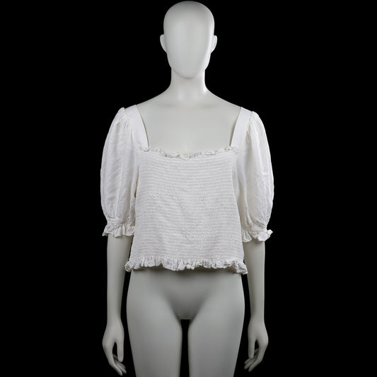 H&M - Blouse - White - Size XL - White solid smocked top with a squared neckline and three-quarter puff sleeves. Features elastic cuffs and a ruffled hem, with a back tie at the neckline.