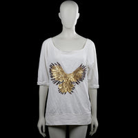 Rosa & friends - T-shirt - White - Size M - White solid top with a scoop neckline and three-quarter sleeves with plain cuffs. Features a large sequined bird graphic on the front and a straight hem with side slits.