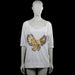 Rosa & friends - T-shirt - White - Size M - White solid top with a scoop neckline and three-quarter sleeves with plain cuffs. Features a large sequined bird graphic on the front and a straight hem with side slits.