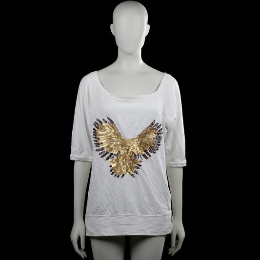 Rosa & friends - T-shirt - White - Size M - White solid top with a scoop neckline and three-quarter sleeves with plain cuffs. Features a large sequined bird graphic on the front and a straight hem with side slits.