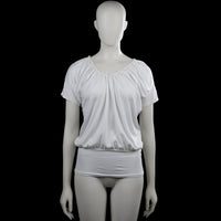 T-shirt - White - Size M - White solid top with a gathered scoop neckline and short sleeves. Elastic hem and plain cuffs.