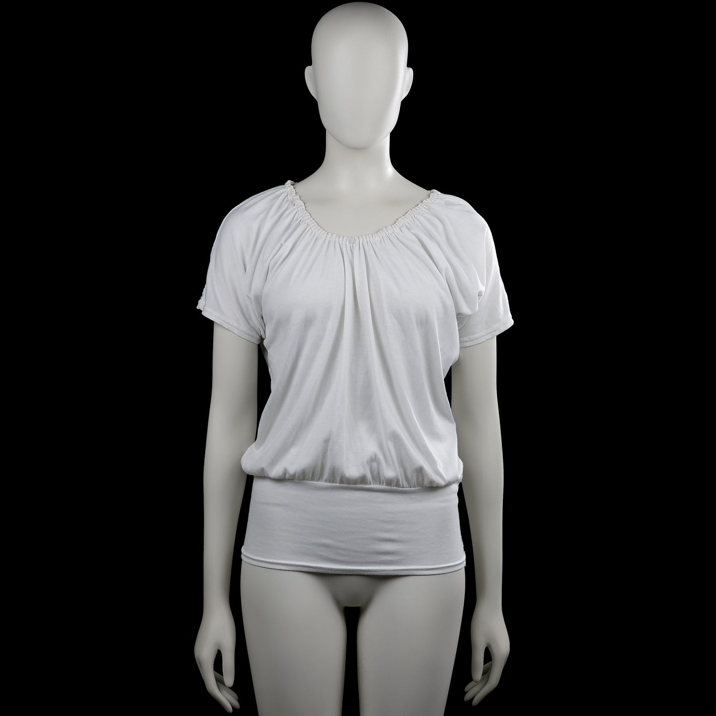 T-shirt - White - Size M - White solid top with a gathered scoop neckline and short sleeves. Elastic hem and plain cuffs.