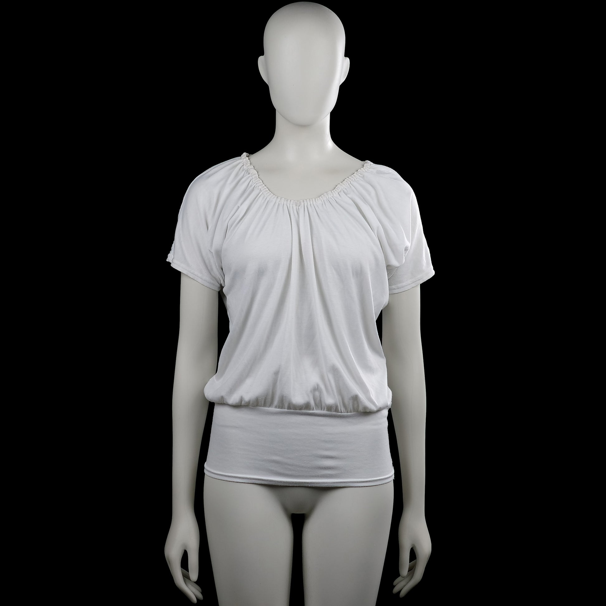 T-shirt - White - Size M - White solid top with a gathered scoop neckline and short sleeves. Elastic hem and plain cuffs.