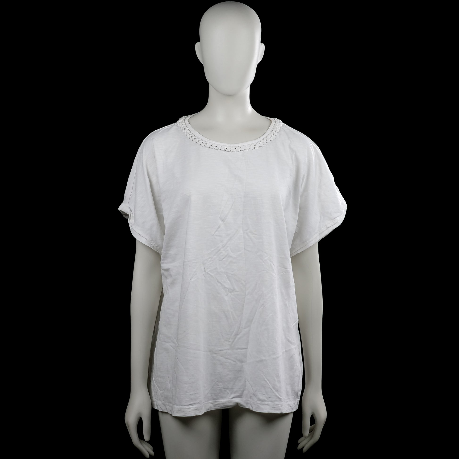 Ms Mode - T-shirt - White - Size XL - White solid top with a round neck and braided trim around the neckline. Features short sleeves with plain cuffs and a straight hem.