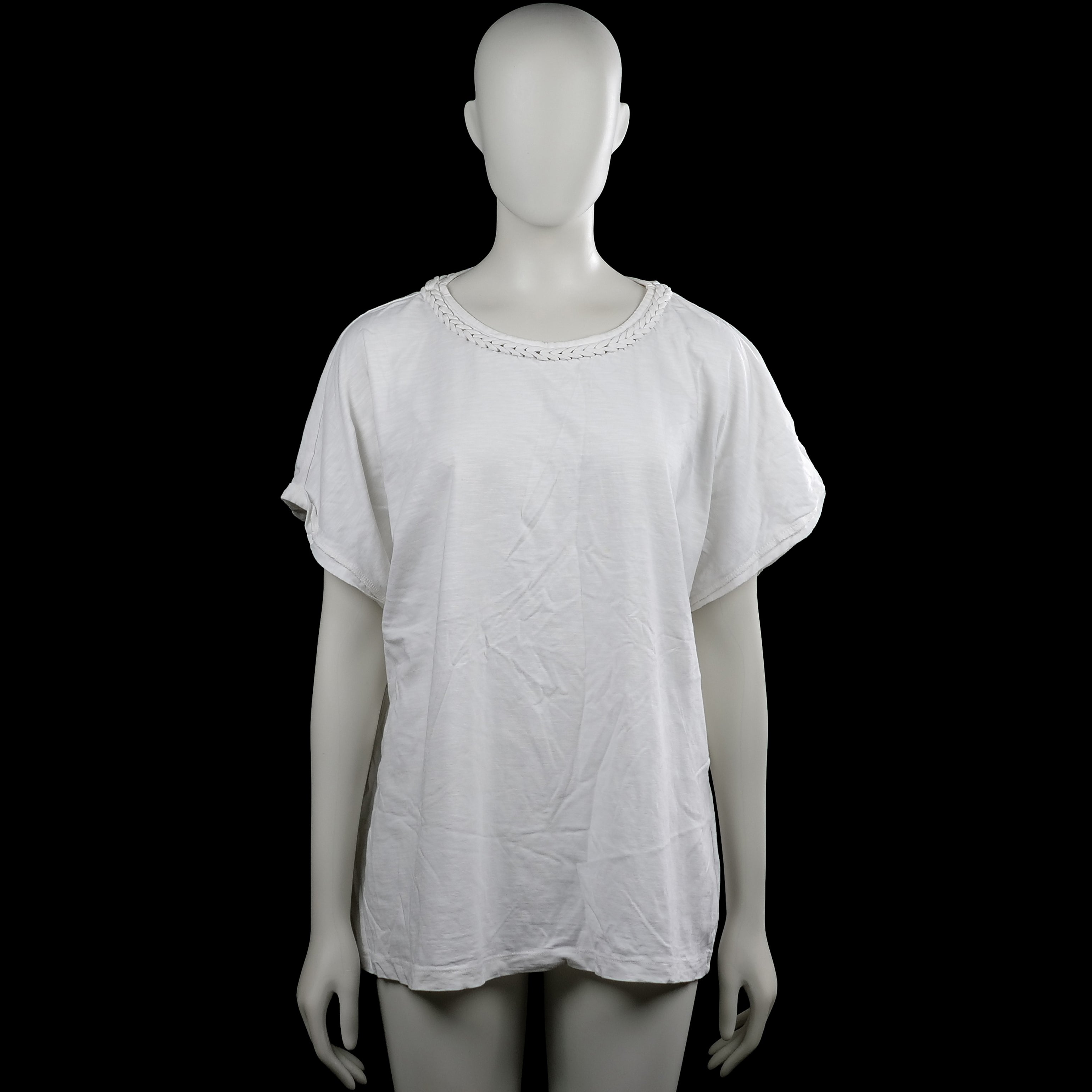 Ms Mode - T-shirt - White - Size XL - White solid top with a round neck and braided trim around the neckline. Features short sleeves with plain cuffs and a straight hem.