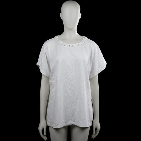 Ms Mode - T-shirt - White - Size XL - White solid top with a round neck and braided trim around the neckline. Features short sleeves with plain cuffs and a straight hem.