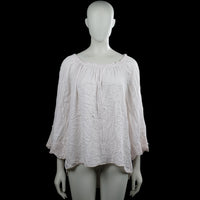 Blouse - White - Size XL - White solid top with an elastic boat neckline and three-quarter sleeves with flared lace cuffs. Features a high-low hem.