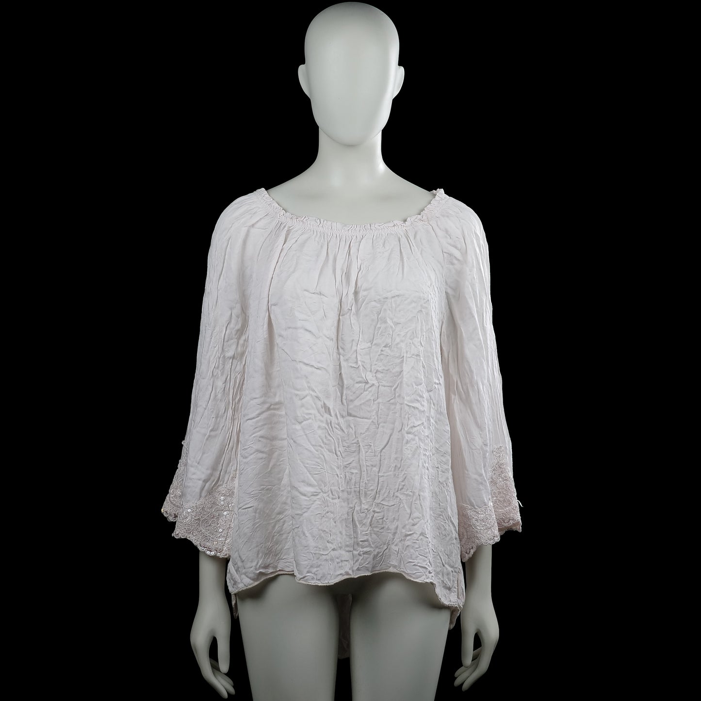 Blouse - White - Size XL - White solid top with an elastic boat neckline and three-quarter sleeves with flared lace cuffs. Features a high-low hem.