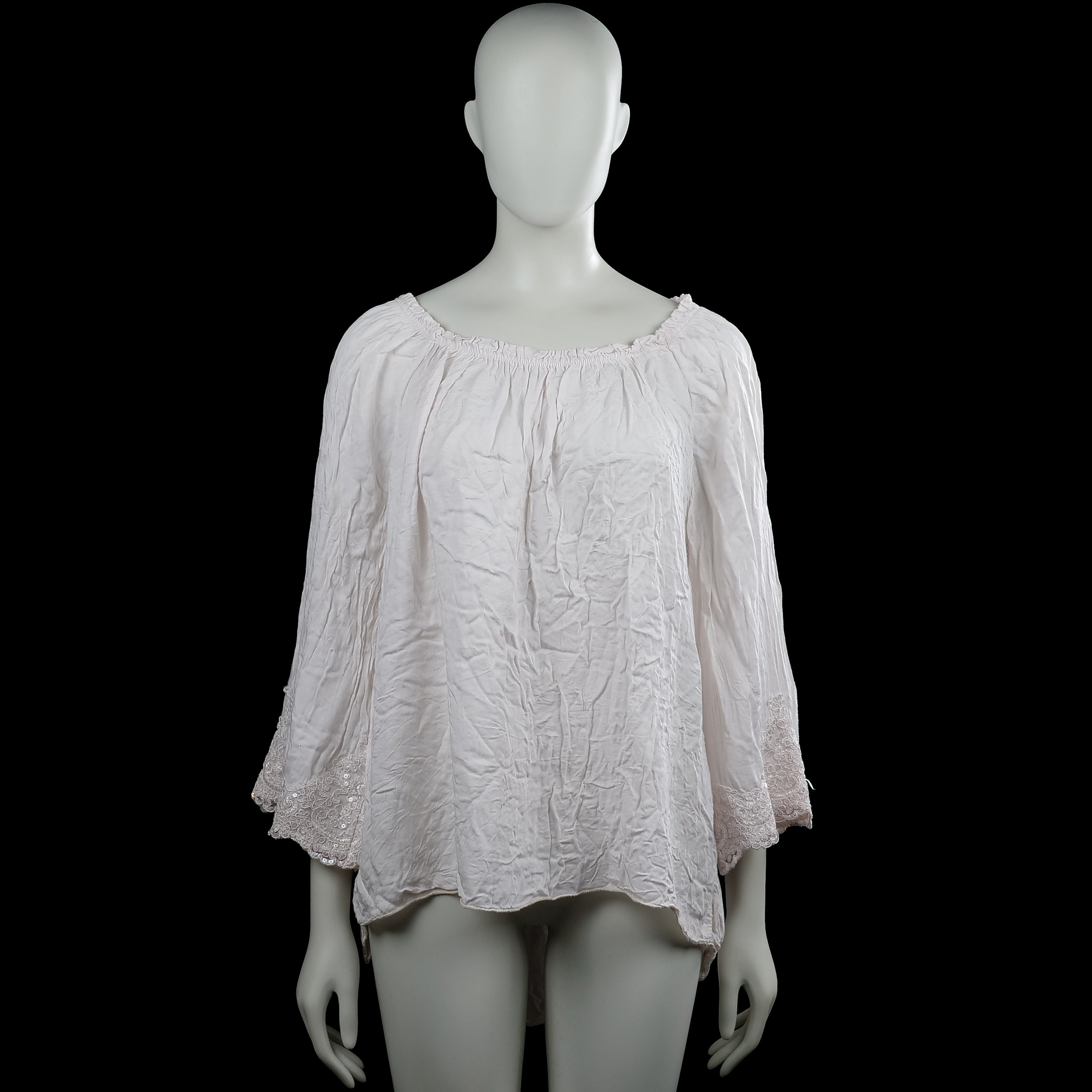 Blouse - White - Size XL - White solid top with an elastic boat neckline and three-quarter sleeves with flared lace cuffs. Features a high-low hem.