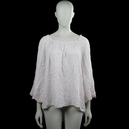 Blouse - White - Size XL - White solid top with an elastic boat neckline and three-quarter sleeves with flared lace cuffs. Features a high-low hem.