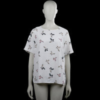 Primark - Blouse - White - Size 42 - White top with an all-over bird print and a round neckline. Features short sleeves with plain cuffs, a curved hem, and a back keyhole with a button closure.