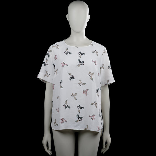 Primark - Blouse - White - Size 42 - White top with an all-over bird print and a round neckline. Features short sleeves with plain cuffs, a curved hem, and a back keyhole with a button closure.