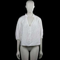 H&M - Blouse - White - Size S - White solid blouse with a V-neck and a small collar. Three-quarter puff sleeves with elastic cuffs and a straight hem.