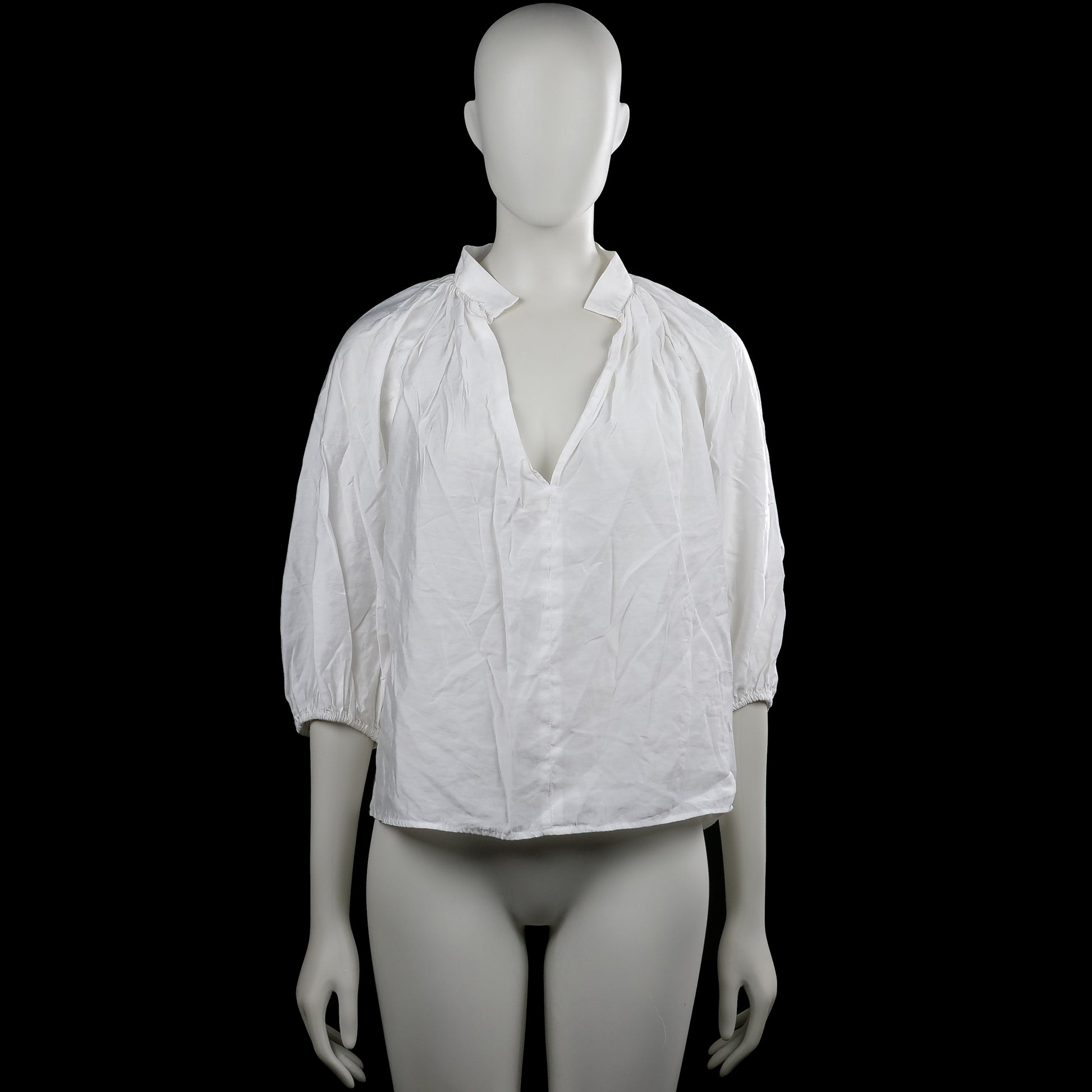 H&M - Blouse - White - Size S - White solid blouse with a V-neck and a small collar. Three-quarter puff sleeves with elastic cuffs and a straight hem.
