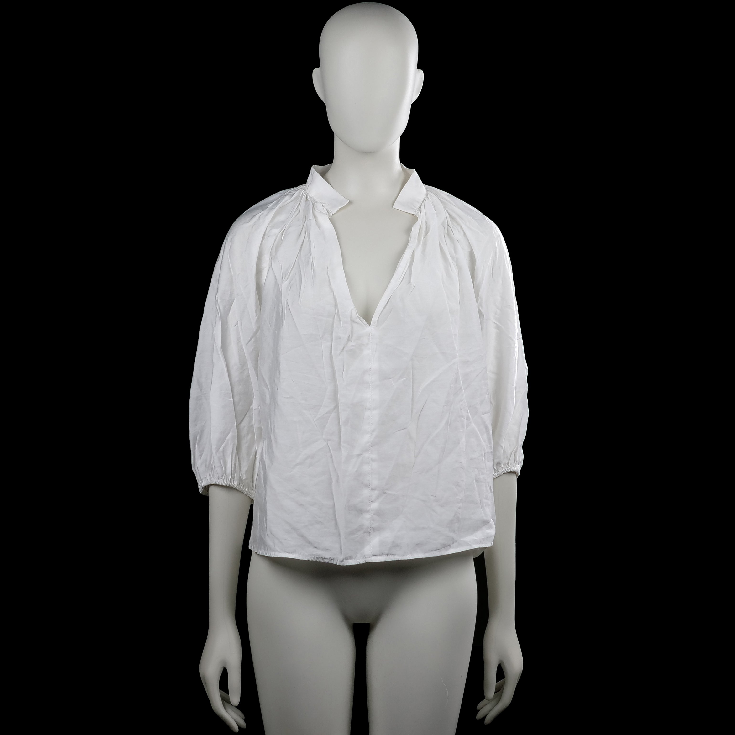 H&M - Blouse - White - Size S - White solid blouse with a V-neck and a small collar. Three-quarter puff sleeves with elastic cuffs and a straight hem.