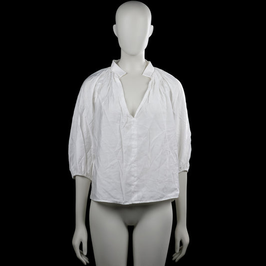 H&M - Blouse - White - Size S - White solid blouse with a V-neck and a small collar. Three-quarter puff sleeves with elastic cuffs and a straight hem.