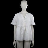 Shein - Tunic - White - Size XL - White top with an eyelet texture, round neck with a small front slit and tassel ties. Features short sleeves with ruffled cuffs and a straight hem.