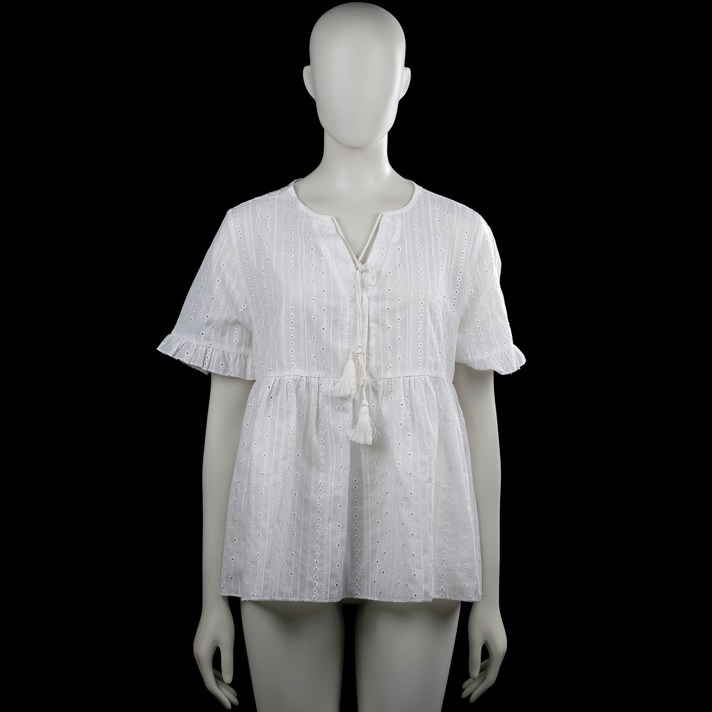 Shein - Tunic - White - Size XL - White top with an eyelet texture, round neck with a small front slit and tassel ties. Features short sleeves with ruffled cuffs and a straight hem.