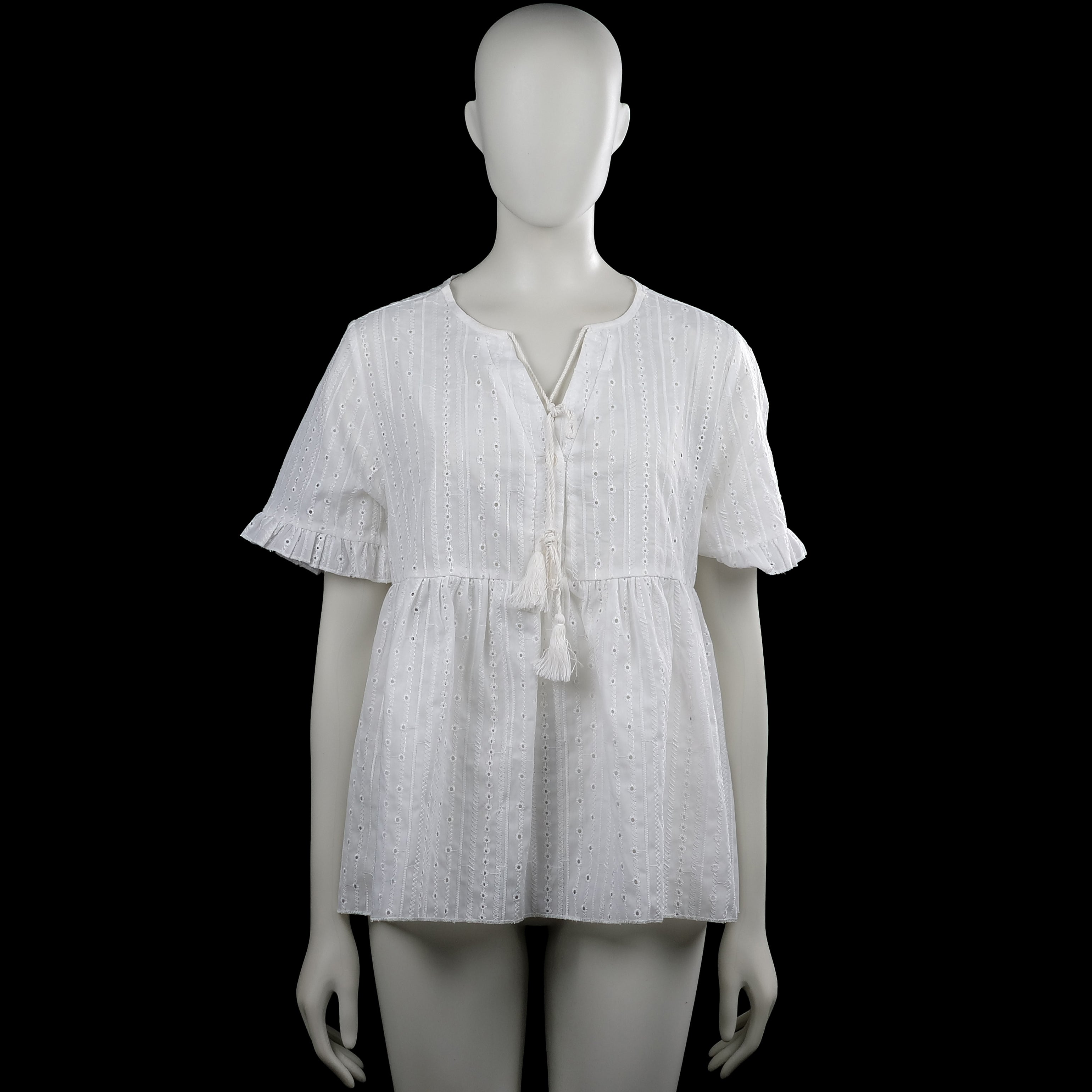 Shein - Tunic - White - Size XL - White top with an eyelet texture, round neck with a small front slit and tassel ties. Features short sleeves with ruffled cuffs and a straight hem.