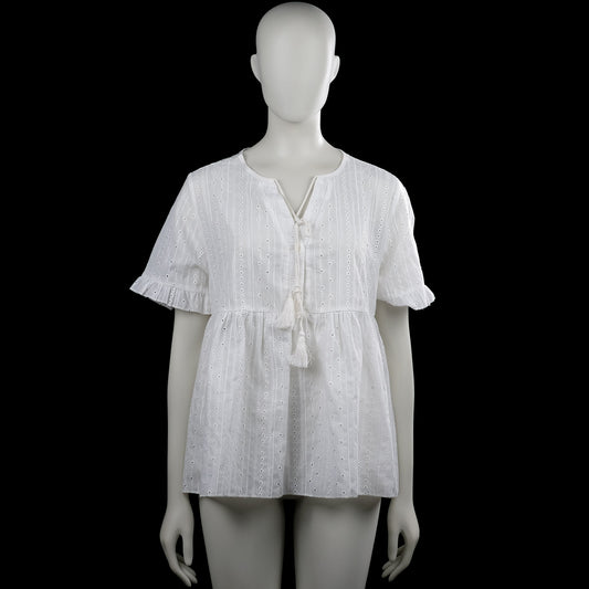 Shein - Tunic - White - Size XL - White top with an eyelet texture, round neck with a small front slit and tassel ties. Features short sleeves with ruffled cuffs and a straight hem.