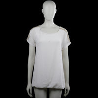Dazzling - Blouse - White - Size L - White solid top with a scoop neckline and short sleeves. Features decorative cutout trim along the shoulder seams and plain cuffs with a straight hem.