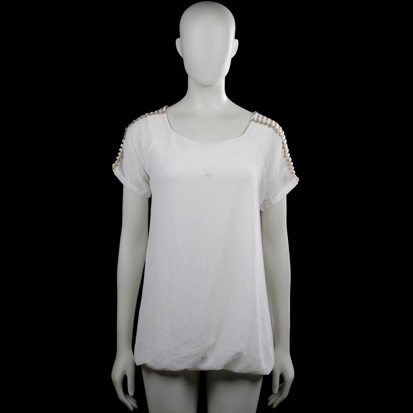 Dazzling - Blouse - White - Size L - White solid top with a scoop neckline and short sleeves. Features decorative cutout trim along the shoulder seams and plain cuffs with a straight hem.