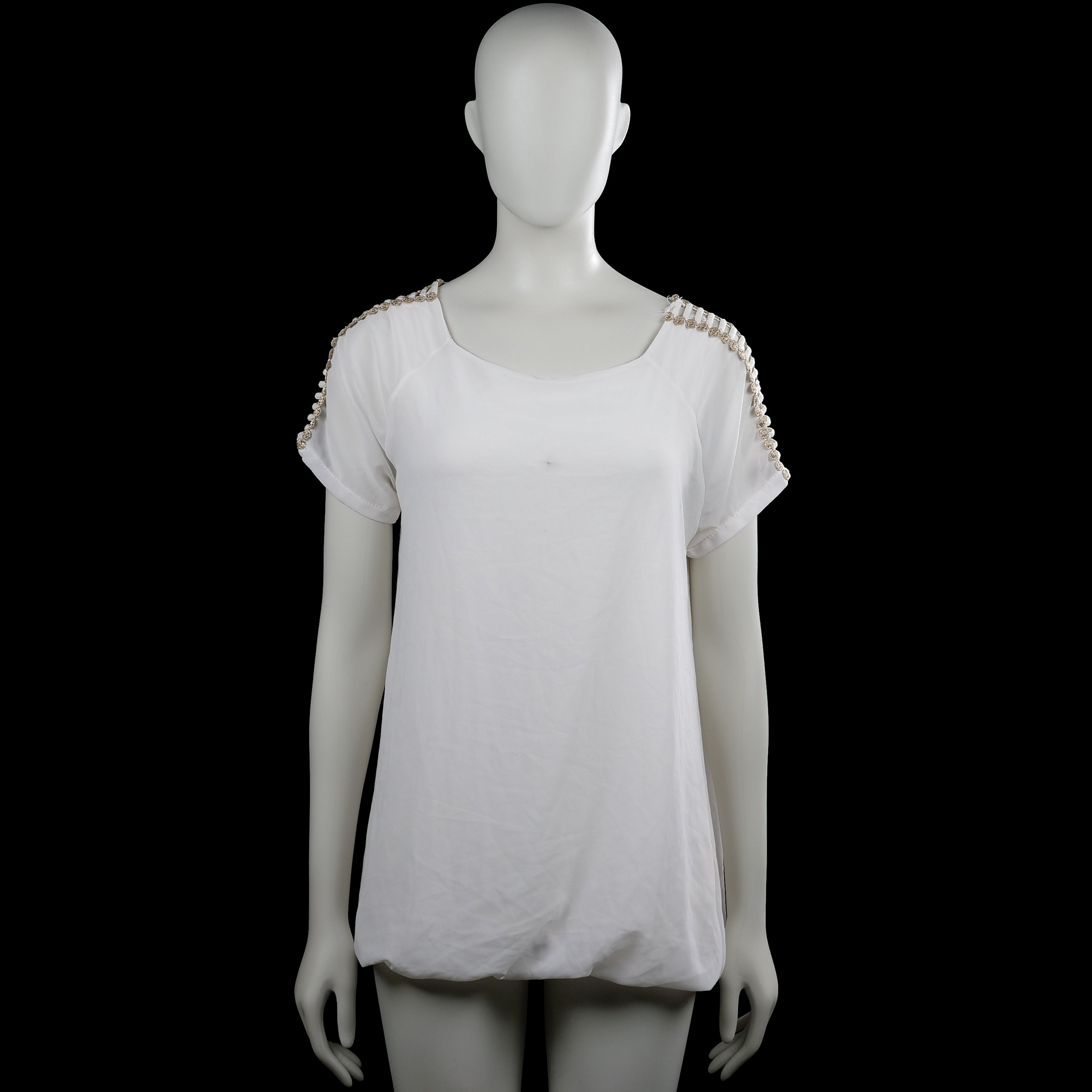 Dazzling - Blouse - White - Size L - White solid top with a scoop neckline and short sleeves. Features decorative cutout trim along the shoulder seams and plain cuffs with a straight hem.