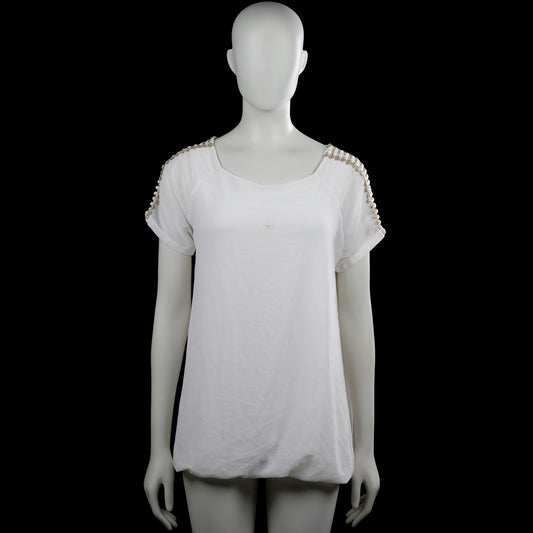 Dazzling - Blouse - White - Size L - White solid top with a scoop neckline and short sleeves. Features decorative cutout trim along the shoulder seams and plain cuffs with a straight hem.