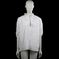 Blouse - White - Size XL - White top with a high ruffle neckline and short puff sleeves with elastic cuffs. Features a floral eyelet pattern, a partial button placket at the front, and a straight hem.