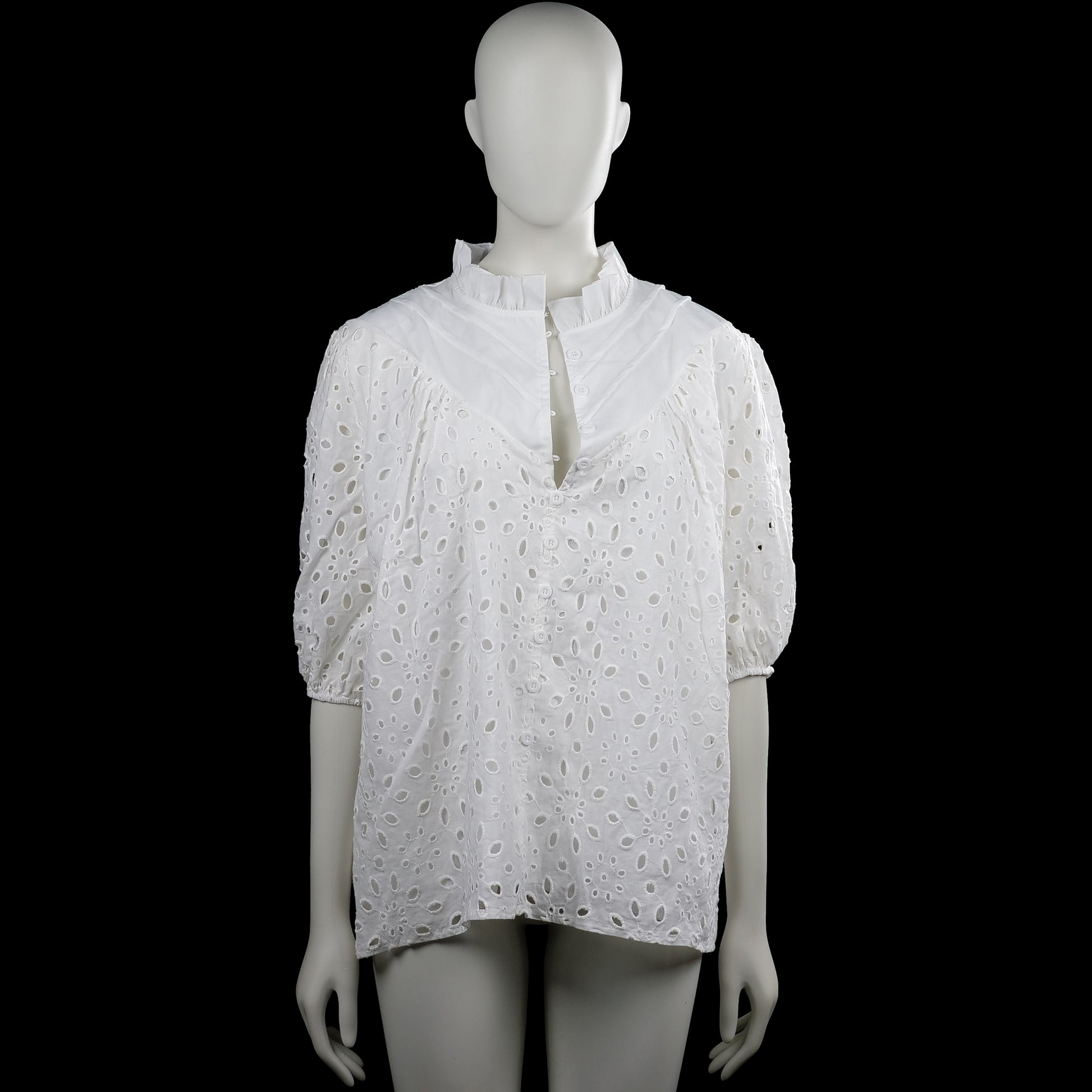 Blouse - White - Size XL - White top with a high ruffle neckline and short puff sleeves with elastic cuffs. Features a floral eyelet pattern, a partial button placket at the front, and a straight hem.