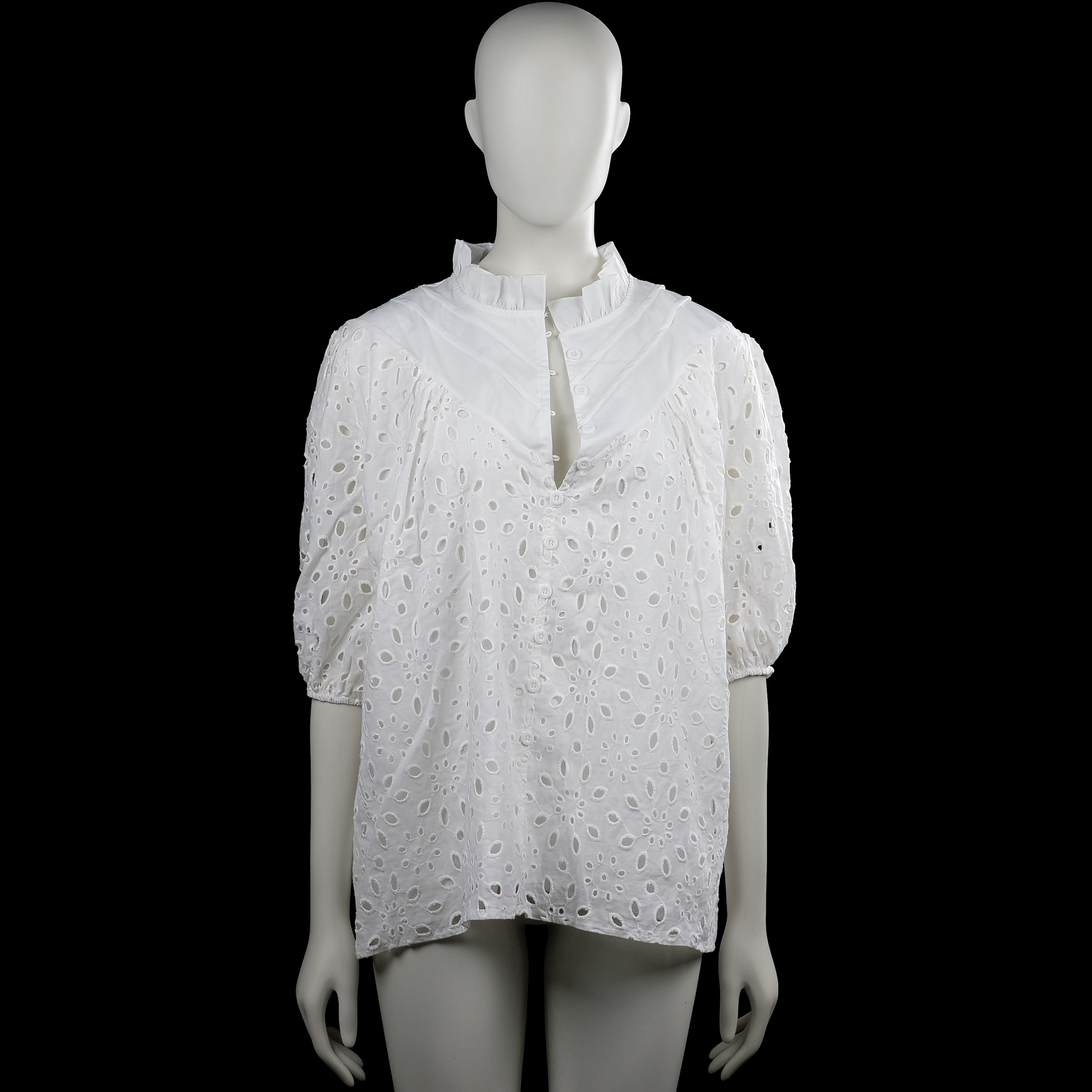 Blouse - White - Size XL - White top with a high ruffle neckline and short puff sleeves with elastic cuffs. Features a floral eyelet pattern, a partial button placket at the front, and a straight hem.
