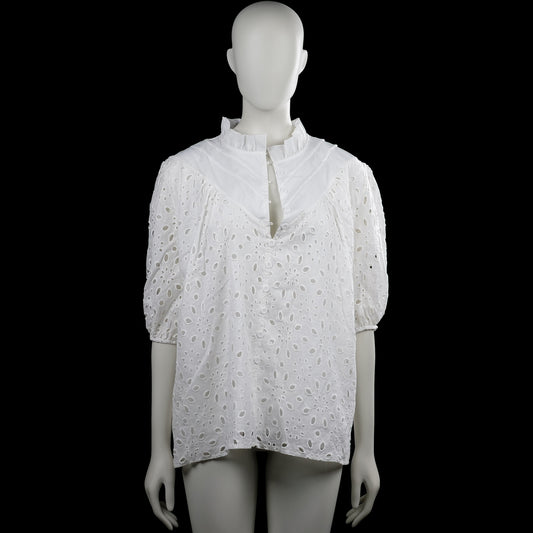 Blouse - White - Size XL - White top with a high ruffle neckline and short puff sleeves with elastic cuffs. Features a floral eyelet pattern, a partial button placket at the front, and a straight hem.