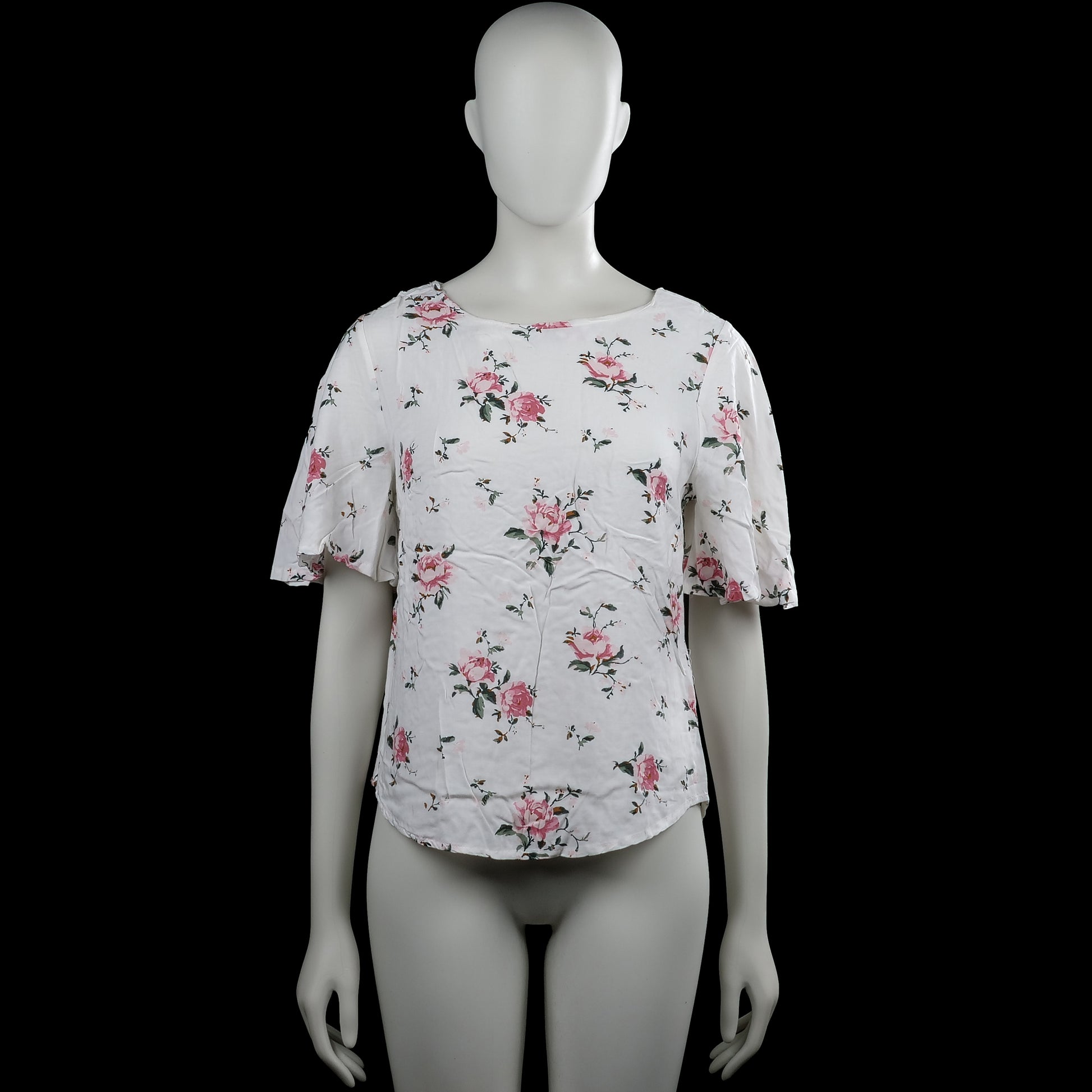 157 angelology - Blouse - White & Pink - Size S - White top with a pink floral pattern and a boat neckline. Features short flared sleeves and a curved hem.