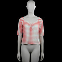 T-shirt - White & Red - Size S - White top with red horizontal stripes and a V-neckline with gathered detail at the center front. Short sleeves with plain cuffs and a straight hem.