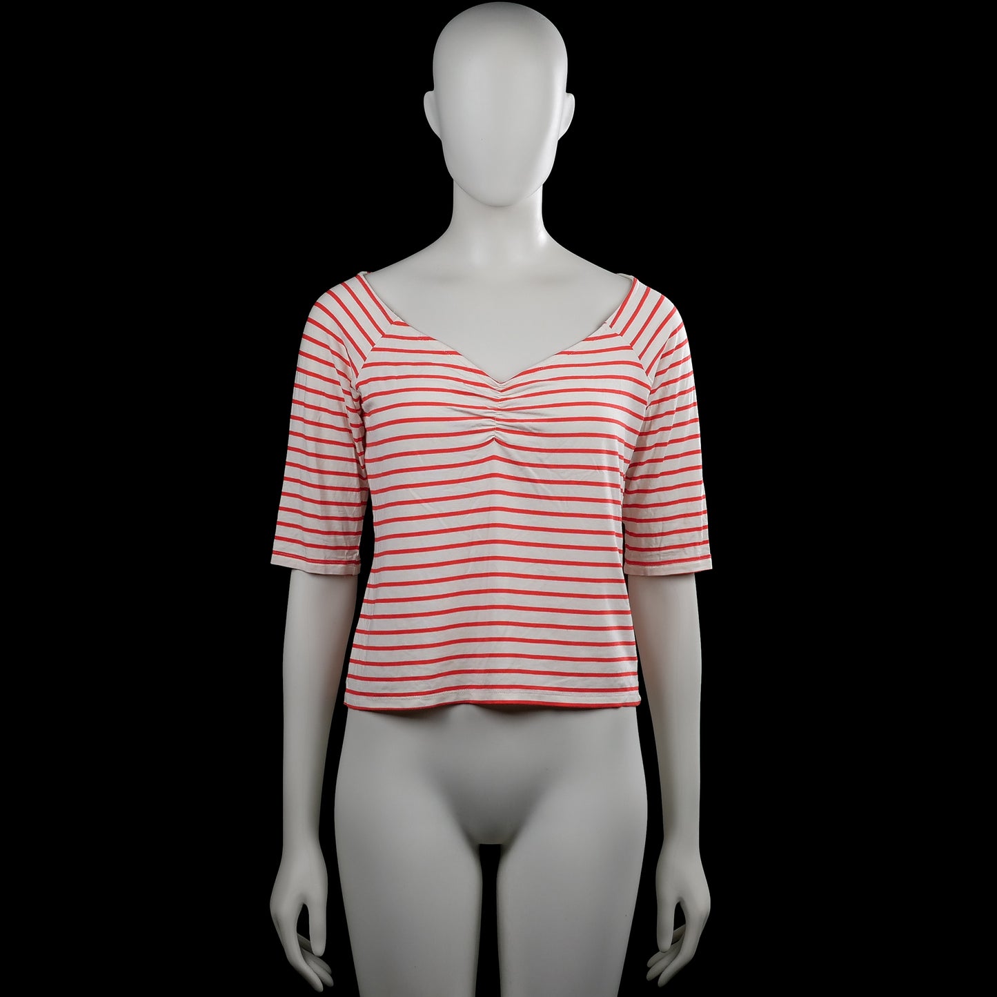 T-shirt - White & Red - Size S - White top with red horizontal stripes and a V-neckline with gathered detail at the center front. Short sleeves with plain cuffs and a straight hem.