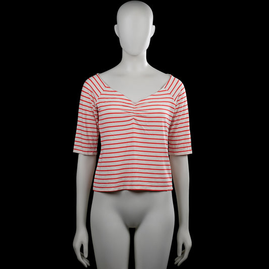 T-shirt - White & Red - Size S - White top with red horizontal stripes and a V-neckline with gathered detail at the center front. Short sleeves with plain cuffs and a straight hem.