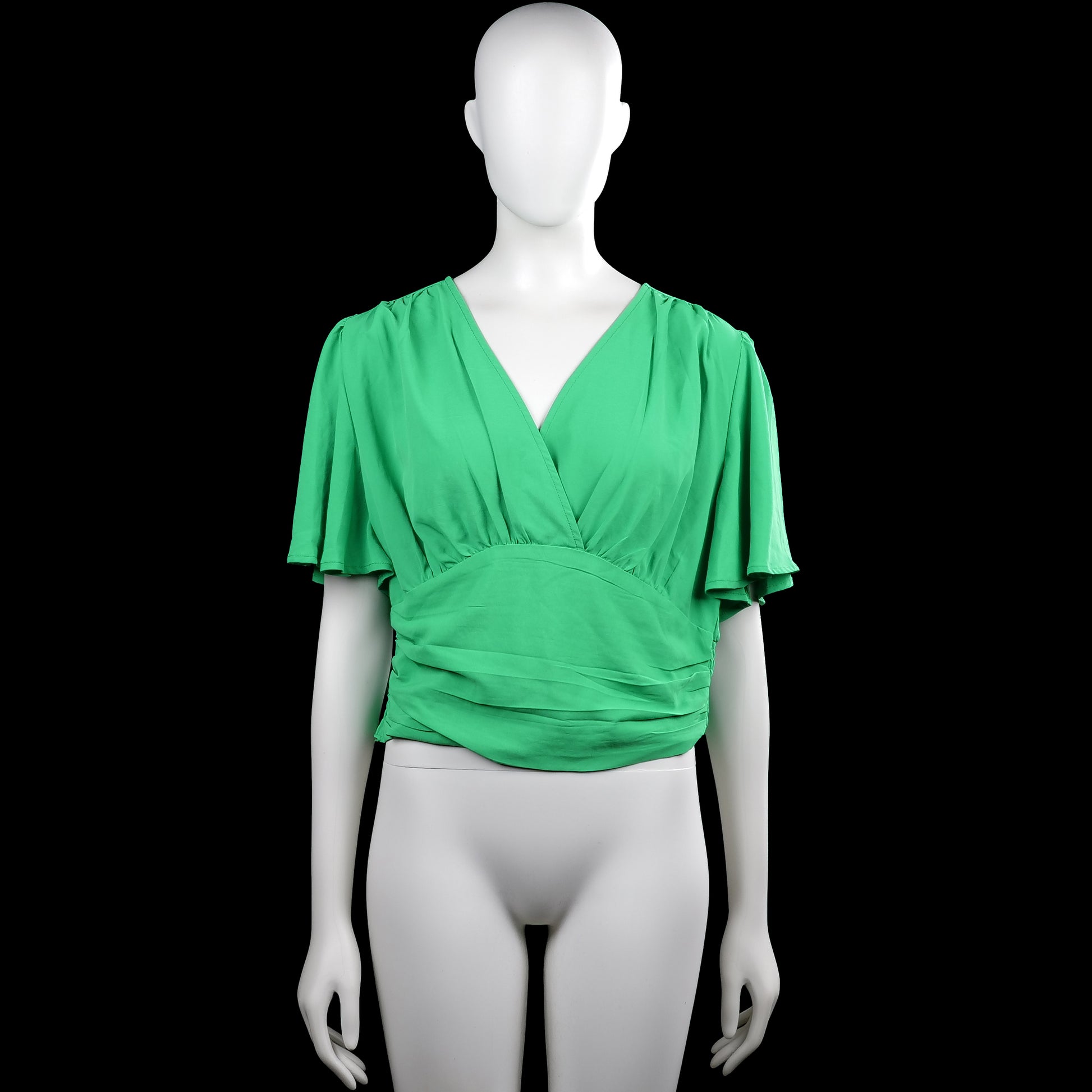 Shein - Blouse - Forest Green - Size XL - Solid forest green top with a V-neck wrap-style front and short flutter sleeves. Smocked elastic hem with a small ruffle at the bottom edge.