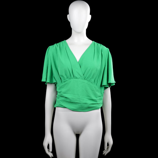 Shein - Blouse - Forest Green - Size XL - Solid forest green top with a V-neck wrap-style front and short flutter sleeves. Smocked elastic hem with a small ruffle at the bottom edge.