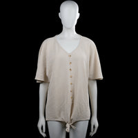 Made In Italy - Tunic - Beige - Size L - Beige solid top with a V-neck and short sleeves. Features a front button placket and a straight hem with a tie detail at the bottom.
