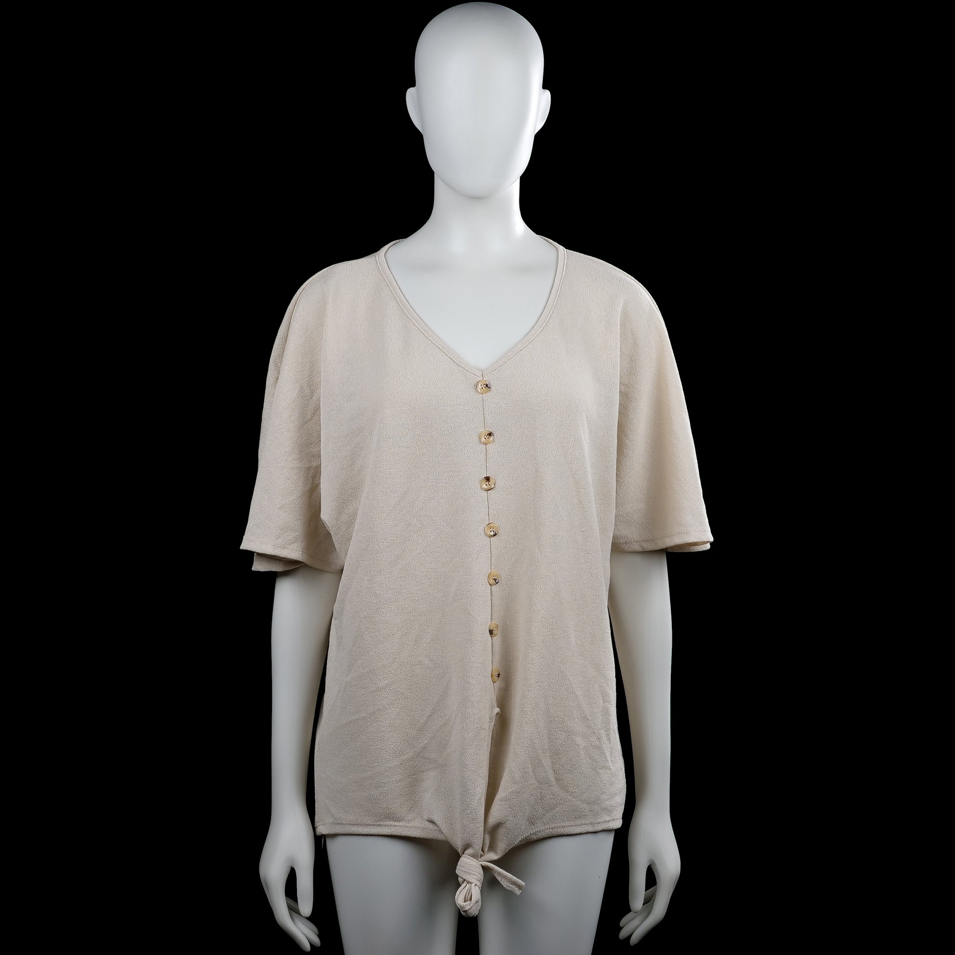 Made In Italy - Tunic - Beige - Size L - Beige solid top with a V-neck and short sleeves. Features a front button placket and a straight hem with a tie detail at the bottom.