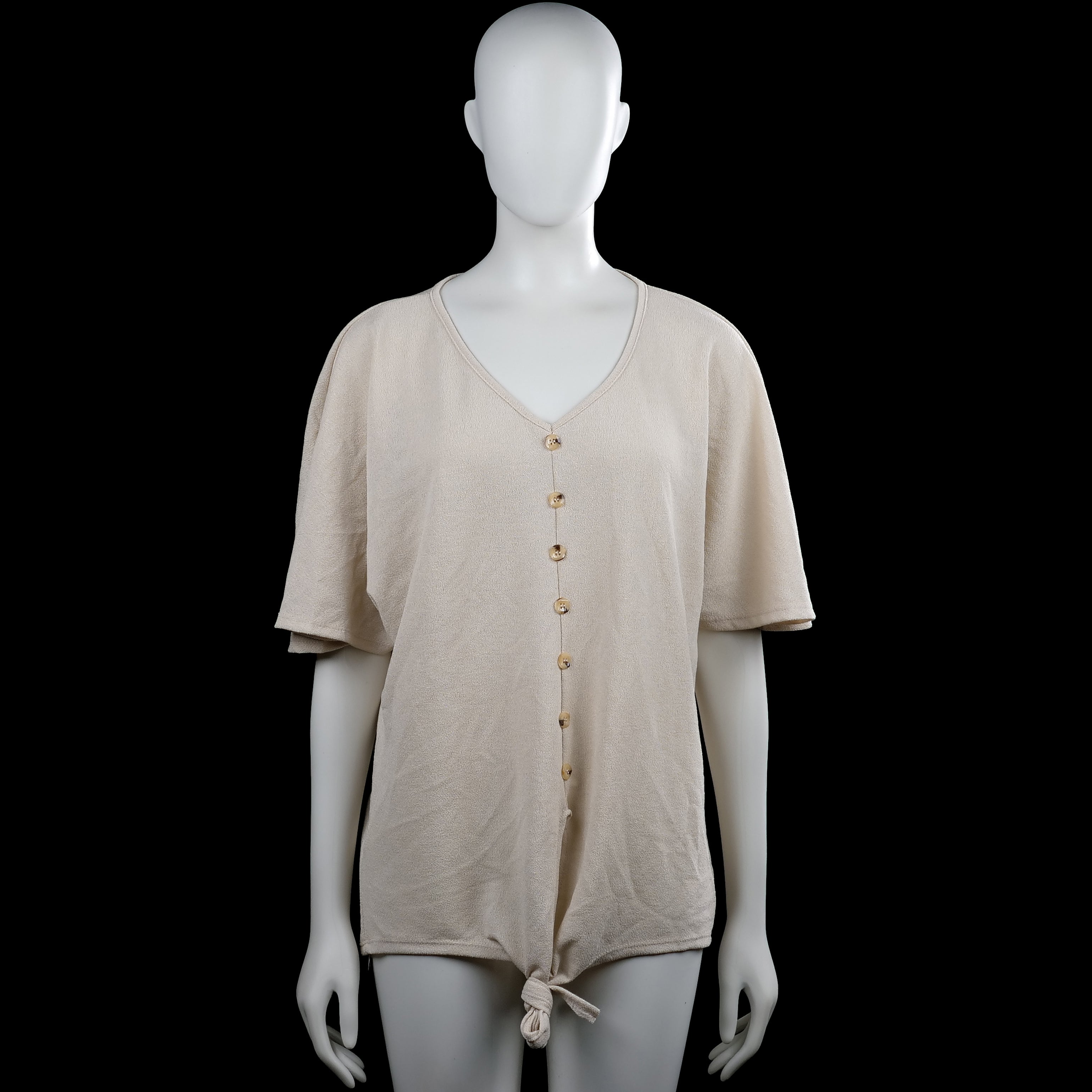 Made In Italy - Tunic - Beige - Size L - Beige solid top with a V-neck and short sleeves. Features a front button placket and a straight hem with a tie detail at the bottom.