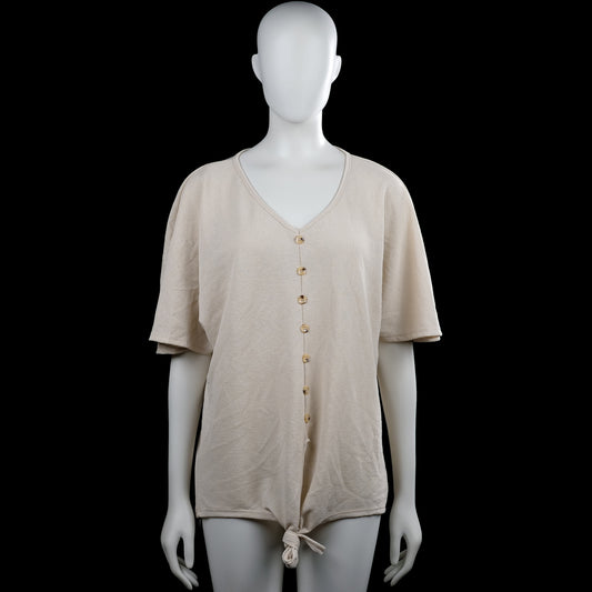 Made In Italy - Tunic - Beige - Size L - Beige solid top with a V-neck and short sleeves. Features a front button placket and a straight hem with a tie detail at the bottom.