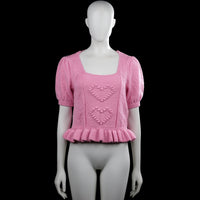 Vero Moda - Sweater - Pink - Size S - Pink solid knit top with a squared neckline and short puff sleeves with ribbed cuffs. Features raised heart detailing on the front and a ruffled hem.
