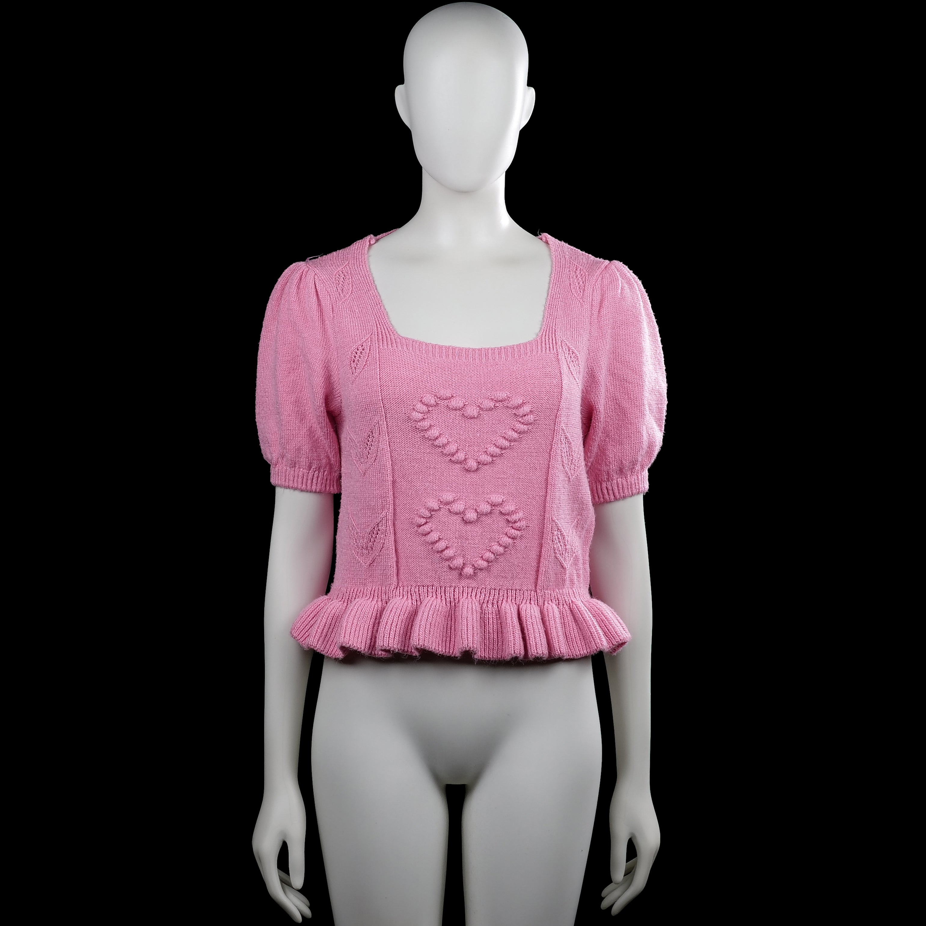 Vero Moda - Sweater - Pink - Size S - Pink solid knit top with a squared neckline and short puff sleeves with ribbed cuffs. Features raised heart detailing on the front and a ruffled hem.