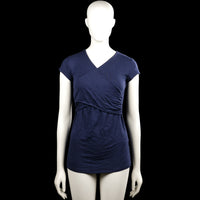 Envie de fraise - Tunic - Navy - Size S - Navy solid top with a V-neck and short sleeves. Features a wrap-style front with gathered detailing at the waist and a straight hem.