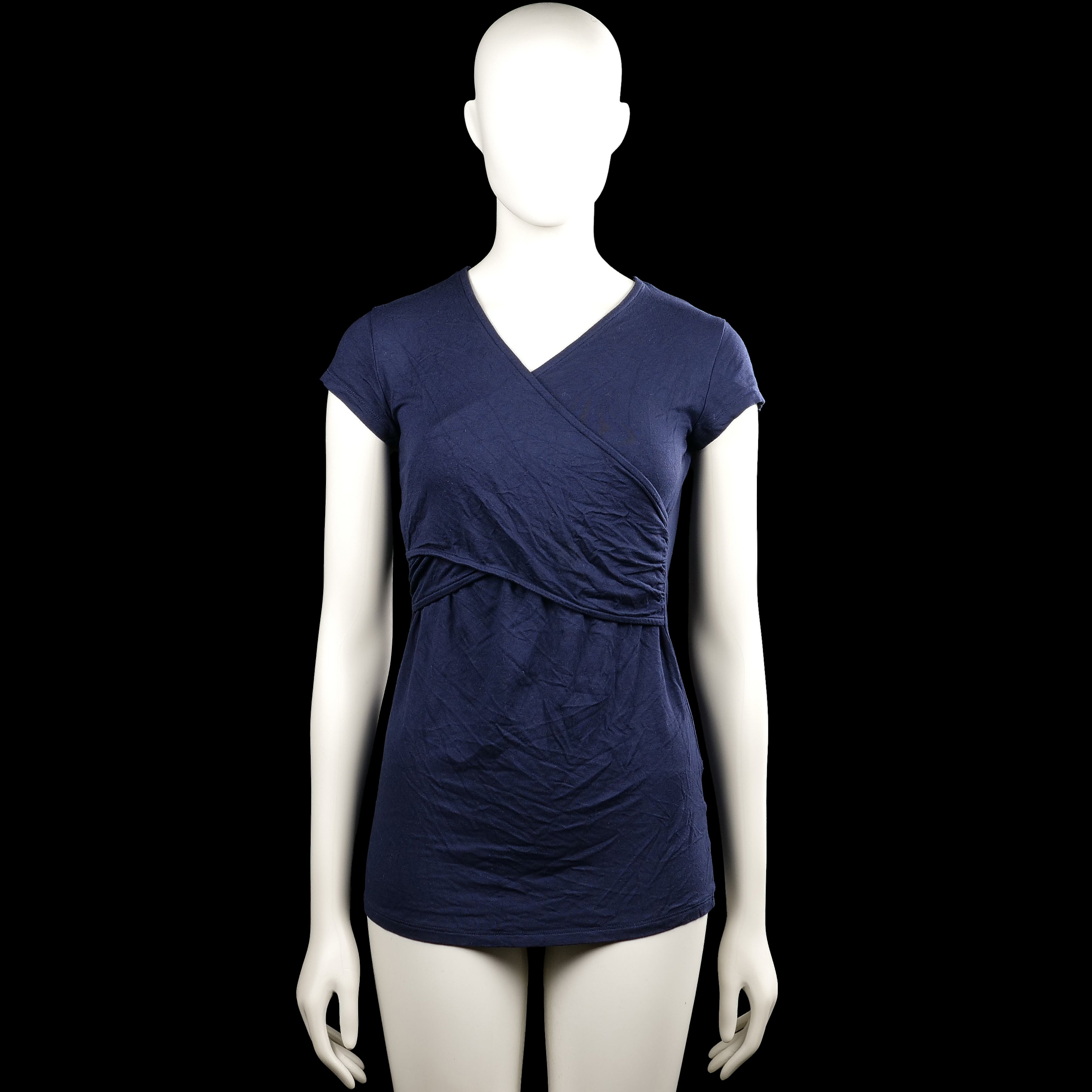 Envie de fraise - Tunic - Navy - Size S - Navy solid top with a V-neck and short sleeves. Features a wrap-style front with gathered detailing at the waist and a straight hem.