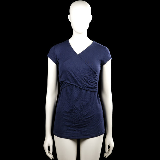 Envie de fraise - Tunic - Navy - Size S - Navy solid top with a V-neck and short sleeves. Features a wrap-style front with gathered detailing at the waist and a straight hem.