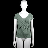 Even&odd - T-shirt - Sage - Size S - Sage solid top with a V-neck and short sleeves. Features a wrap-style front and a straight hem.