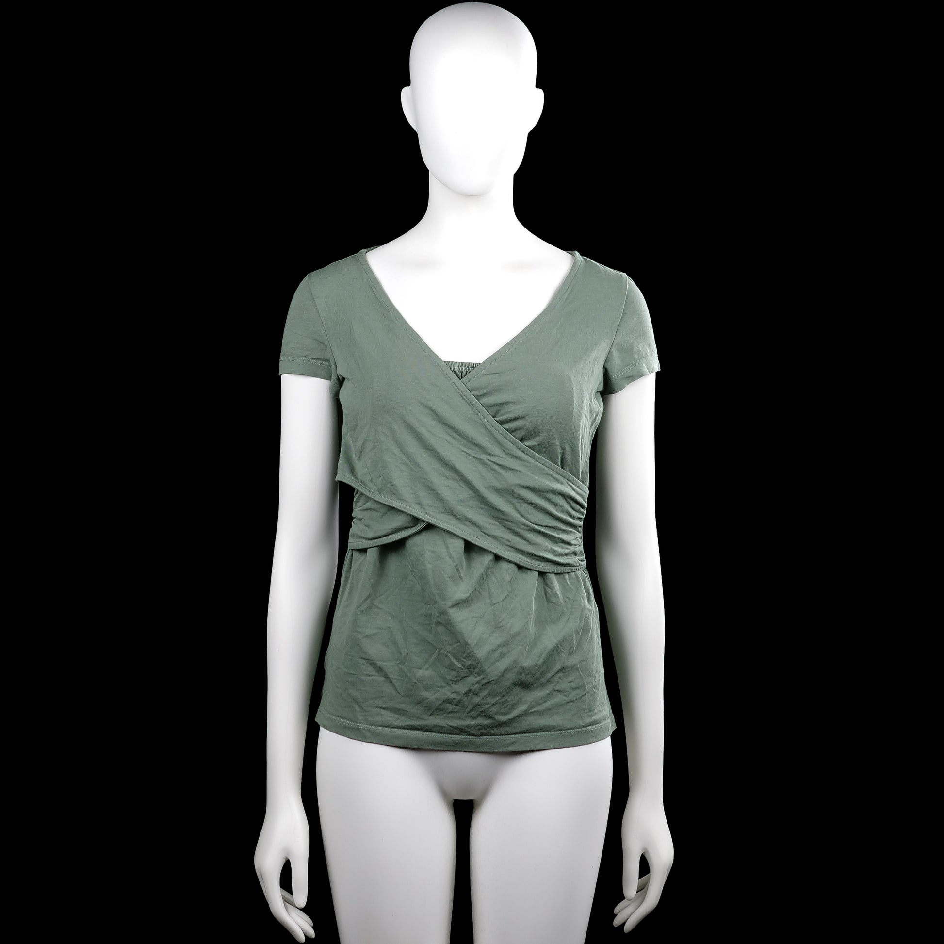 Even&odd - T-shirt - Sage - Size S - Sage solid top with a V-neck and short sleeves. Features a wrap-style front and a straight hem.